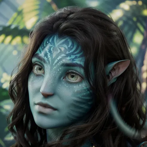 avatar style, (face portrait:1.6), naavi, 1girl, female, (green eyes), (big eyes), ((eyebrowless)), pointy ears, (turquoise skin...