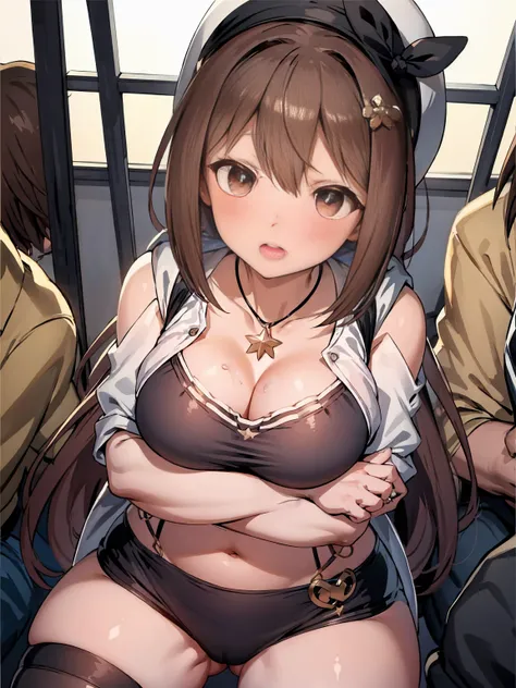 crowded train、One Woman、Cute Woman、A large number of passengers、Thick thighs、Best image quality、High resolution、masterpiece、super high quality、Black bra、Black panties、Big Ass、Large Breasts 、Blushing、4K quality、Reached orgasm、Wearing black knee socks、Heavy ...