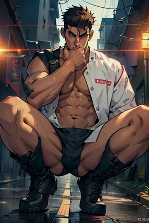 Highest image quality，male people，1 boy，Young and handsome，shoun，Short flat top hair，Dark  skin，anime，anime wallpaper，Solo，malefocus，Briefs，Dilation of the pectoral muscles，Bulging crotch，Urban background，spread their legs，Sexy,(Masterpiece, Best quality),...