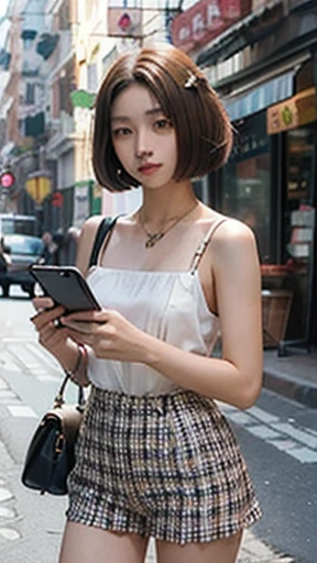 Beautiful woman, fiddling with cell phone in the middle of the street, short clothes, 1girl, short brown hair, bob cut, gucci bag, chinatown background, hair flowers