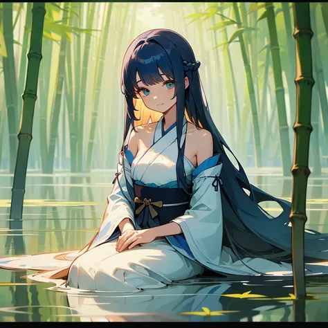 wallpaper, highly detailed, illustration, 1 girl, Azure hair, long hair, detailed eyes, forrest, bare shoulders, hanfu,lakes, pure, soft smile,bamboo,Tea