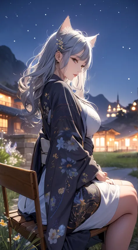 masterpiece, high quality, 4K, Beautiful design, silhouette，Gray Hair， 非常に詳細な夜のStarry Sky,Sitting on a bench in a flower field， wonderful, Finer details,  Very knowledgeable woman, Highly detailed solo, 1 female,Cat ear，Big Breasts，kimono，Night view，Starry...