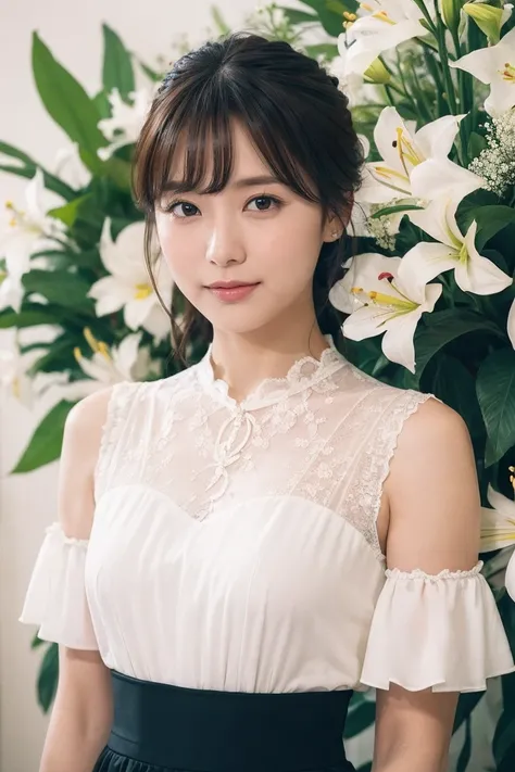 Medium display, Medium Shot, Written boundary depth, bust, Upper Body, Movie angle, masterpiece, highest quality, Very detailed, CG, 8k wallpaper, Beautiful Face, Delicate eyes, Otome, alone, smile, bangs, skirt, Formal blouse, Bouquet of lilies