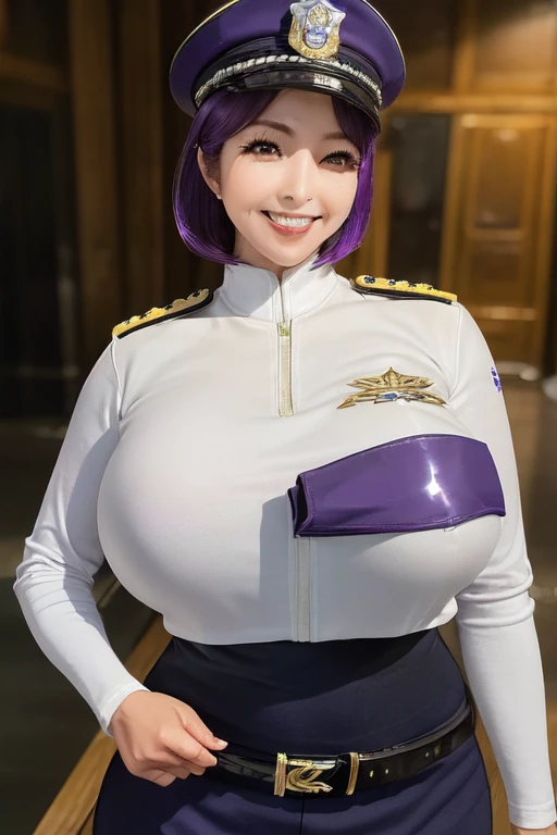 (high quality, High resolution, Fine details，Realistic), alley, Police uniform, Police hat, alone, Curvaceous mature woman, Purple Hair, Sparkling eyes, (Fine grain:1.2), smile, Eyelash-emphasizing makeup,blush, Sweat, Oily skin, Soft tone, Shallow depth o...