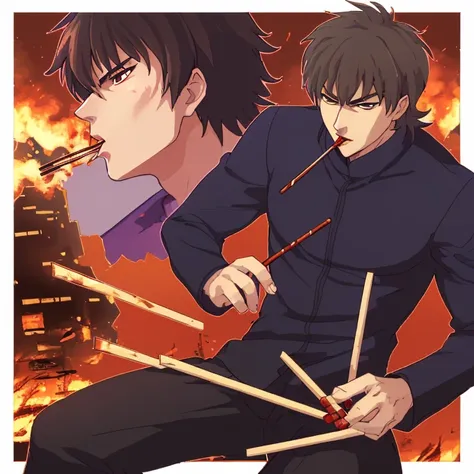 kotomine kirei eating pocky in a burning city