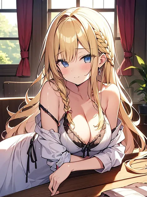 Tabletop, highest quality,figure, wallpaper, Super detailed, Absurd beauty、Lying down、Sloppy、Laziness、A relaxed expression、((1 beautiful girl、16 years old))、(Blonde、Long Hair、Braided hair、Wavy Hair、Being lazy、Showing cleavage,）、My Room、Casual attire、Summer...