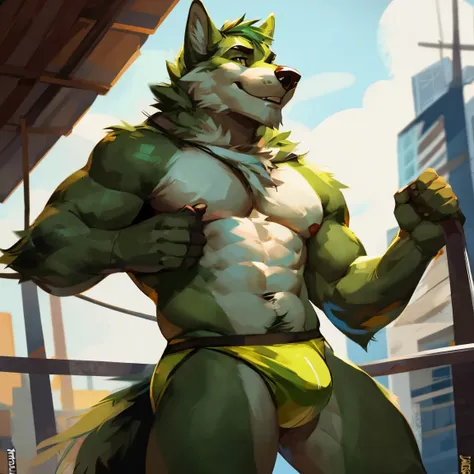 Handsome wolf, white wolf, in speedo, green color, olive green speedos, By mystikfox61