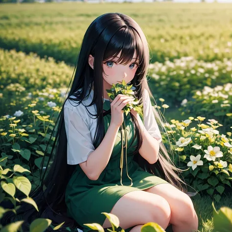 anime,1girl with long black hair sitting in a field of green plants and flowers, her hand under her chin, warm lighting, bluesky dress, blurry foreground