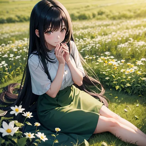 anime,1girl with long black hair sitting in a field of green plants and flowers, her hand under her chin, warm lighting, bluesky dress, blurry foreground