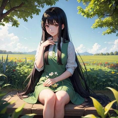 anime,1girl with long black hair sitting in a field of green plants and flowers, her hand under her chin, warm lighting, bluesky dress, blurry foreground