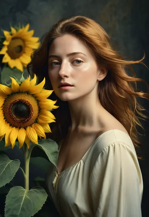 create an image of Sunflower Girl, realistic style, cinematic, masterpiece professional pure art photography, minimalist, MasterPiece Annie Leibovitz style,cinematic