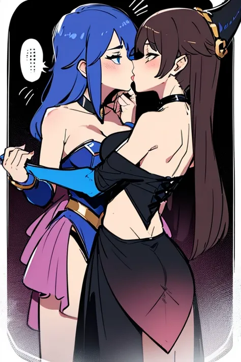 two women, kiss, dark magicien girl outfit 