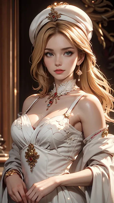 Arabian woman wearing a white hat and dress and red lipstick, pale White skin like porcelain, Gweitz, Gweitz masterpiece, artwork in the style of Gweitz, Soft Portrait Shot 8k, Pale young ghost girl, White skin like porcelain, By Russell Dongjun Lu, Pale m...