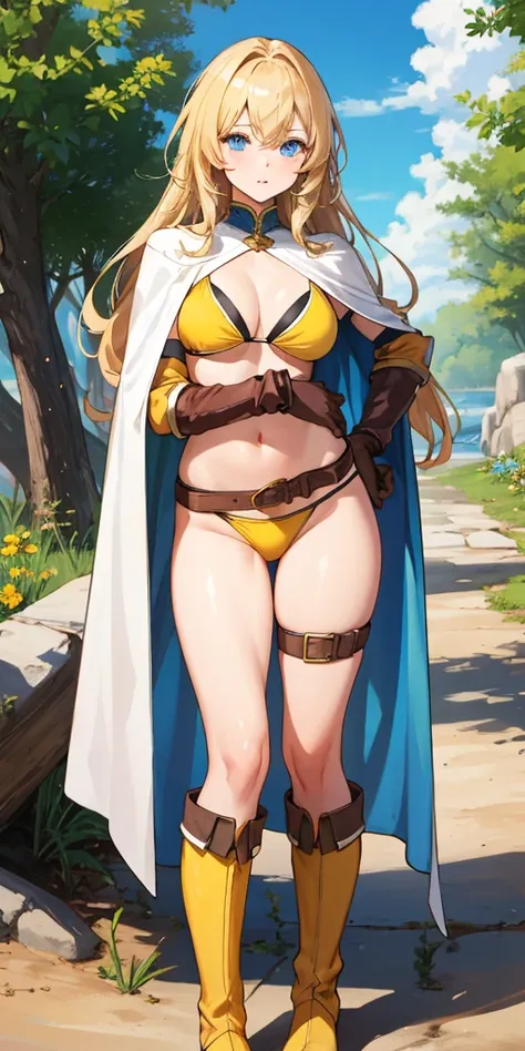 (masterpiece, best quality), 1girl,  KnightFFT, long hair, blonde hair, blue eyes, cape, YELLOW BIKINI belt, gloves, boots