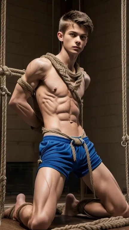 (((18 year old shirtless, very skinny twink))), fair hair, handsome face (((wearing gym shorts))) biceps flexed, kneeling, ((((Trussed up completely with rope)))), ((((very tight rope crossed over chest)))), sweating, wet skin, Afraid in a dungeon with can...