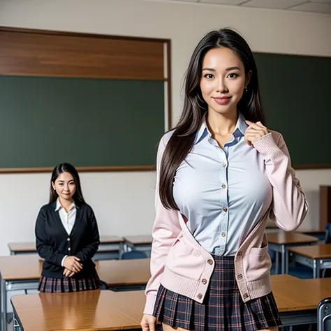 (thai woman),((highponytail)),(forehead),(school uniforms:1.2), (pink cardigan is fit body:1.4), ((do up a buttons, not loose):1...