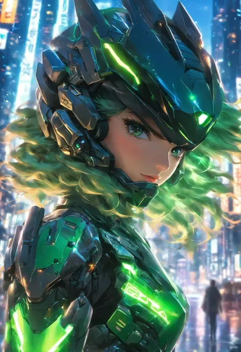 Highest image quality, Outstanding details, Ultra-high resolution, (realism: 1.4), Best example, Favor the details, Highly concentrated 1girl, Beautiful face, Wearing black and green armor, Wearing a mecha helmet, Holding the directional controller, Riding...