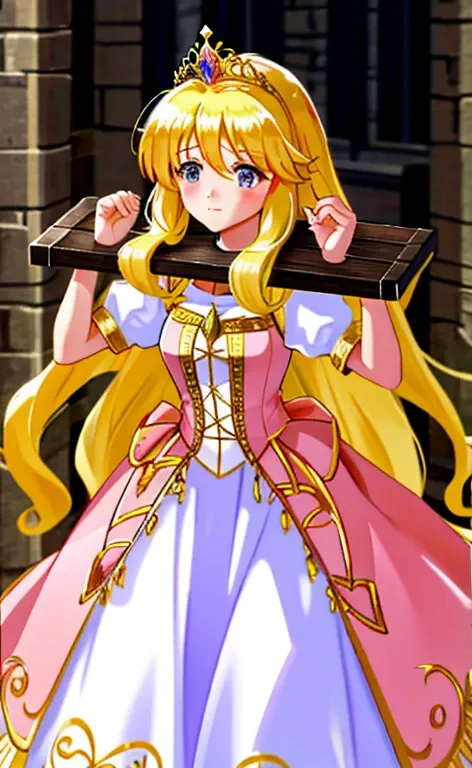 Gold Tiara　A princess in a frilly pink dress　Beautiful long blonde hair　Embarrassing　Tears overflow from my eyes　pillory　dirty　walking in the crowd　Medieval town