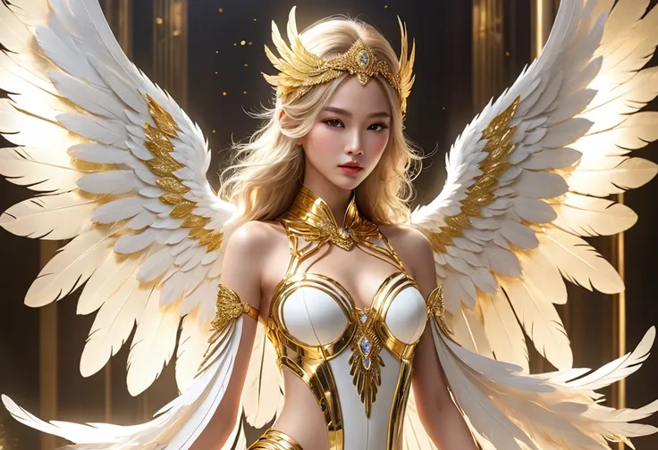 white and gold, 电影照片whole body女性天使, her appearance perfectly blends the ancient mystery. have the face and style of a contempora...