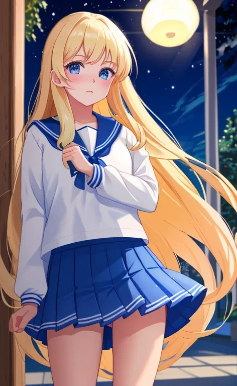 Beautiful long blonde hair　Embarrassing　blue eyes 　Tears overflow from my eyes　diaper　A girl wearing a long-sleeved sailor suit　　Pleated skirt　　School corridor at night　Skirt lifted