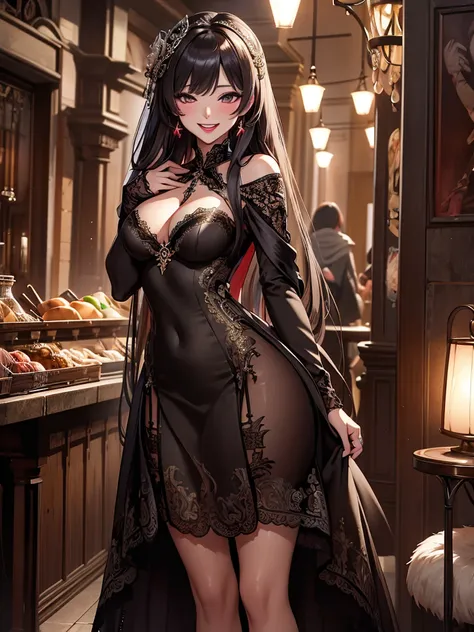 (Masterpiece, best quality, high res、highly detailed cg: 1)、(((glamorous dress)))、((Seductive Laugh))、lipstick、nsfw、Night town、slut、