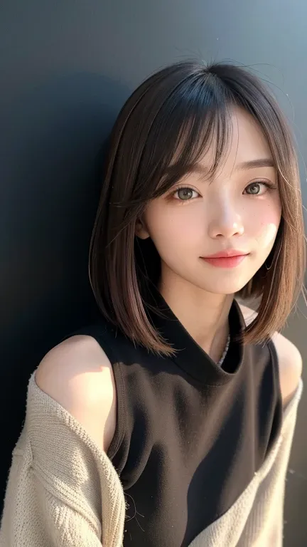 (((close-up of face)))、(((absolutely shoulder-length brown straight short bob)))、(((she is posing like a hair salon model, with ...