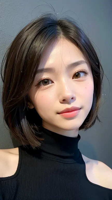 (((close-up of face)))、(((absolutely shoulder-length brown straight short bob)))、(((she is posing like a hair salon model, with ...