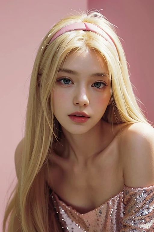 a 20 yo woman，((blond straight hair))，long whitr hair，pink hairband，((Above the shoulder，facial closeups))，looking at viewert，（High top fade in and out：1.3），Pink sequined dress，V-neck dress，soothing tones，pastelcolor，hight contrast，（Natural skin texture，ul...