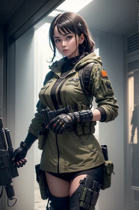 ((better quality)), ((masterpiece)), (high detail: 1.3), ..3D, Machine gun in hand, Beautiful Special Forces Shooting (Cyberpunk:1.2), Robert, woman with thick hair (camouflage_:1.1), bulletproof vest, raincoat, digital (camouflage: 1.3), HDR (High Dynamic...