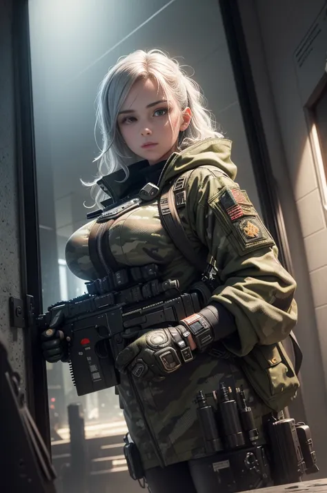 ((better quality)), ((masterpiece)), (high detail: 1.3), ..3D, Machine gun in hand, Beautiful Special Forces Shooting (Cyberpunk:1.2), Robert, woman with thick hair (camouflage_:1.1), bulletproof vest, raincoat, digital (camouflage: 1.3), HDR (High Dynamic...