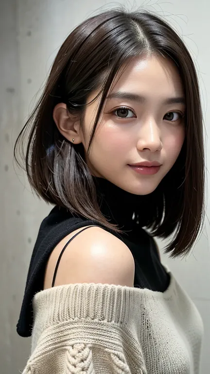 (((close-up of face)))、(((absolutely shoulder-length brown straight short bob)))、(((she is posing like a hair salon model, with ...