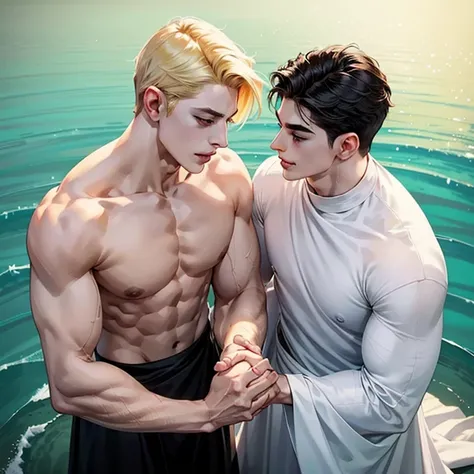 gay、Blond man、Black-haired man、White、Muscular 、whole body、Sculpture-like、smile、Gazing at each other、Holding hands、like、Movie stills、painful、null、Ocean、evening、beautiful、Painting、Looking down from above