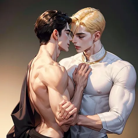 gay、Blond man、Black-haired man、White、Muscular 、whole body、Sculpture-like、Back view、smile、Gazing at each other、Holding hands、hug、like、Movie stills、painful、evening、beautiful、Painting、Looking down from above