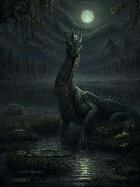 loch ness monster，night，dark swamp（detailed background:1.2),high detail,low willow ，green toxic mist，lotus，black murky water。