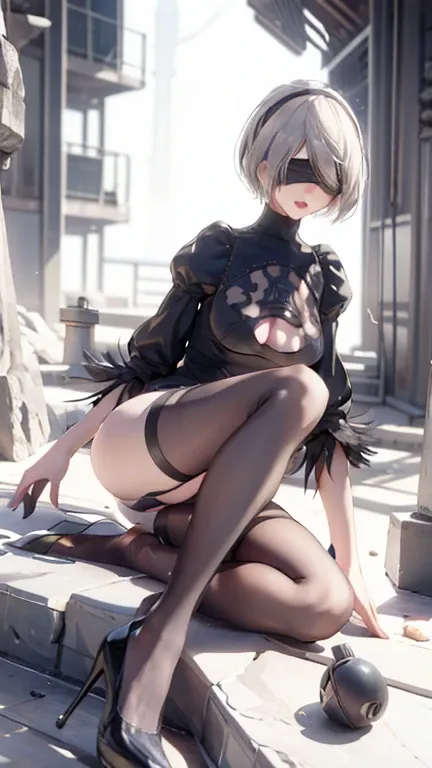 ((highest quality)), ((masterpiece)),(detailed),Perfect Face,One girl, Five Fingers, Game Characters,2B,Yoruhano. 2 Type B,Nier Automata, High resolution,Second dimension beautiful girl,Super Beauty,Glowing Skin,Shiny silver hair,Short Bob Hair, Big Ass,Bi...