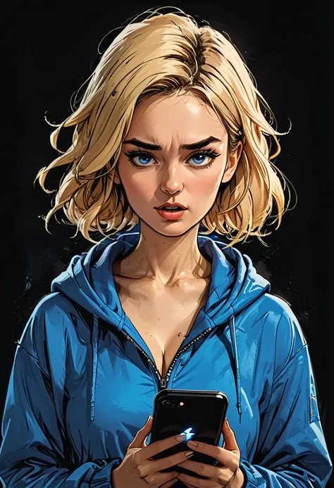 portrait of a girl in Blue oversized hoodie looks in a smartphone, smartphone in hand, hand holding smartphone, mouth open, looks in and talking next to smartphone, upset,
simple black background, Profile Angle,
(blue eyes pointing down) at smartphone,
adu...