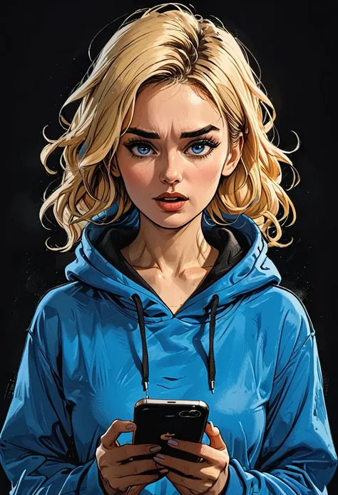 
side view portrait of a girl in Blue oversized hoodie looks in a smartphone, smartphone in hand, hand holding smartphone, mouth open, looks in and talking next to smartphone, upset,
simple black background, Profile Angle,
(blue eyes pointing down) at smar...