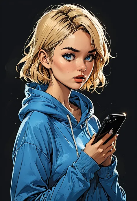 side view portrait of a girl in blue oversized hoodie looks in a smartphone, smartphone in hand, hand holding smartphone, mouth ...