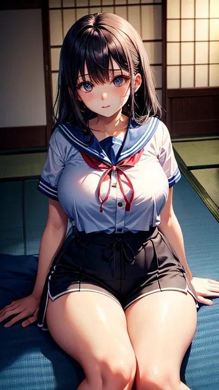 masterpiece, beautiful, high quality, Midnight、The location is a dark bedroom in an old Japanese house.、Futons are laid out on tatami mats.、Perfect beautiful girl sitting on the futon、Black Hair、high school girl、Big Tits、Big Hips、The upper half of the body...