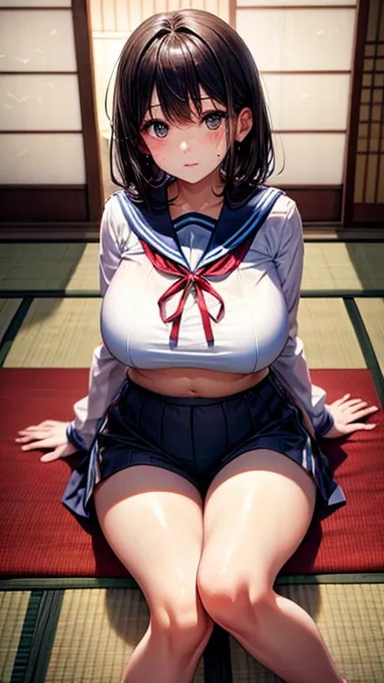 masterpiece, beautiful, high quality, Midnight、The location is a dark bedroom in an old Japanese house.、Futons are laid out on tatami mats.、Perfect beautiful girl sitting on the futon、Black Hair、high school girl、Big Tits、Big Hips、The upper half of the body...