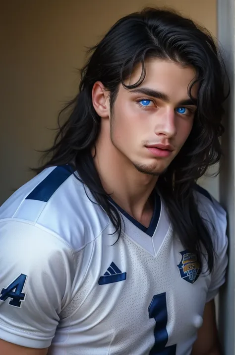 1boy, aiden, 28 year old male portrait, vivid long black hair,  blue eyes, football uniform, small goatee