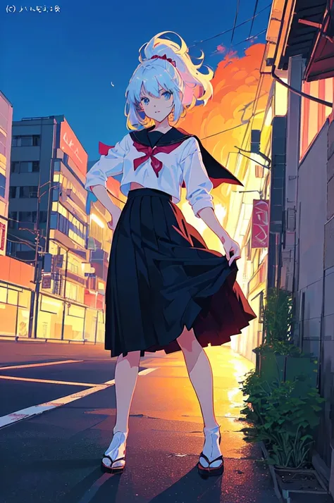 anime character Sukeban delinquent girl  standing on a city street corner in black seifuku with black very long skirt, anime style. 8k, anime style mixed with fujifilm, retro anime girl, anime styled digital art, in tokyo, anime style illustration, anime s...