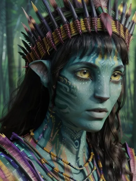 avatar style, (face portrait:1.6), naavi, 1girl, female, (yellow eyes), (big eyes), ((eyebrowless)), pointy ears, (green skin to...