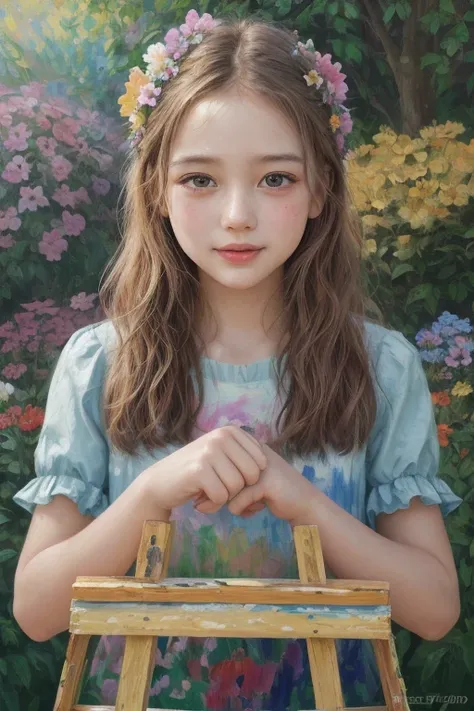 a girl painting in a colorful garden,oil painting,detailed flowers, vibrant colors, fine brushstrokes,soft lighting,beautiful detailed eyes,beautiful detailed lips,an easel with canvas,artistic expression,happy and focused expression,a vivid palette,loose ...