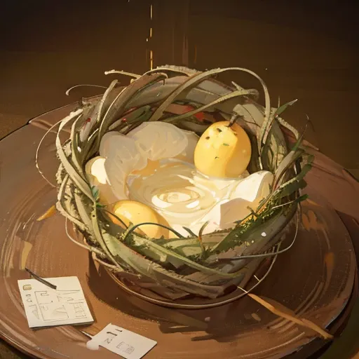 (A potato put in the birds nest), abstract, distorted reality, Illusion, yellow-brown tone, illustration