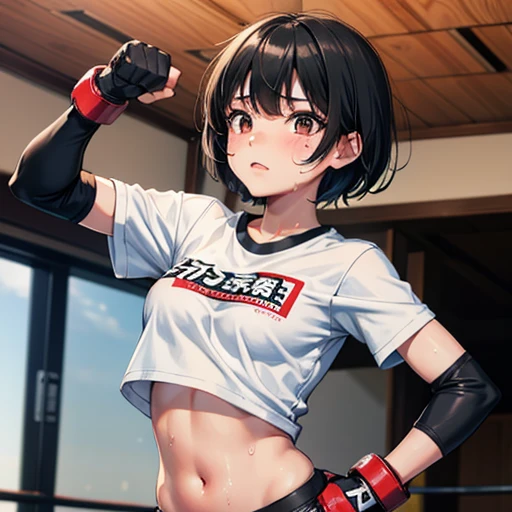 Cute Japanese high school girl with short-cut black hair. She practices counter-punching at a mixed martial arts gym. Very sweaty, out of stamina, slender body, poor belly, small breasts, t-shirt, spats, open finger gloves.