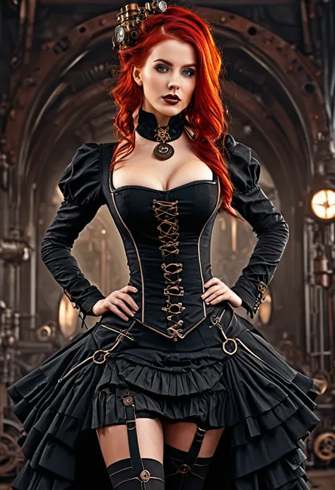 Masterpiece best quality, ultra high resolution, 4K detaillierte CG (Adriana Malkova 1.0) strahlende Augen, rotes Haar, Steampunk, mit schwarzem Split-Off-Meshkleid und Stiefeln