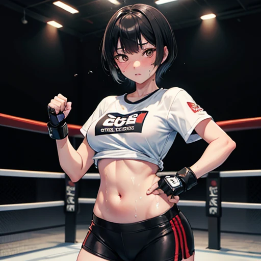 Cute Japanese high school girl with short-cut black hair. She practices counter-punching at a mixed martial arts gym. Very sweaty, out of stamina, slender body, poor body, poor belly, poor breasts, t-shirt, spats, open finger gloves.