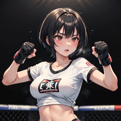 Cute Japanese high school girl with short-cut black hair. She practices counter-punching at a mixed martial arts gym. Very sweaty, out of stamina, slender body, poor body, poor belly, poor breasts, t-shirt, spats, open finger gloves.