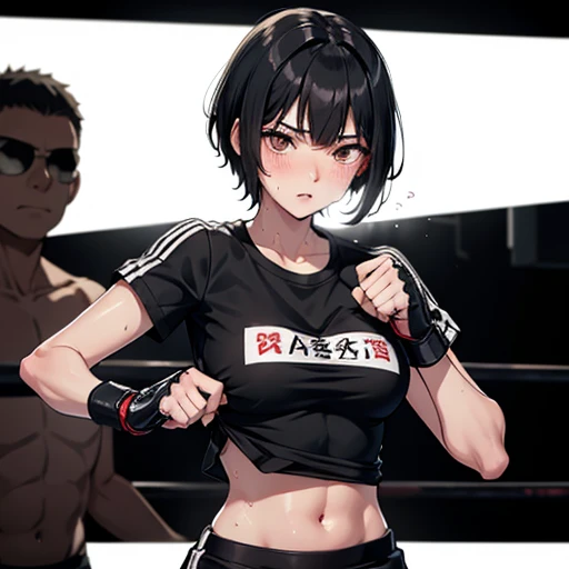 Cute Japanese high school girl with short-cut black hair. She practices counter-punching at a mixed martial arts gym. Very sweaty, out of stamina, slender body, poor body, poor belly, poor breasts, t-shirt, spats, open finger gloves.